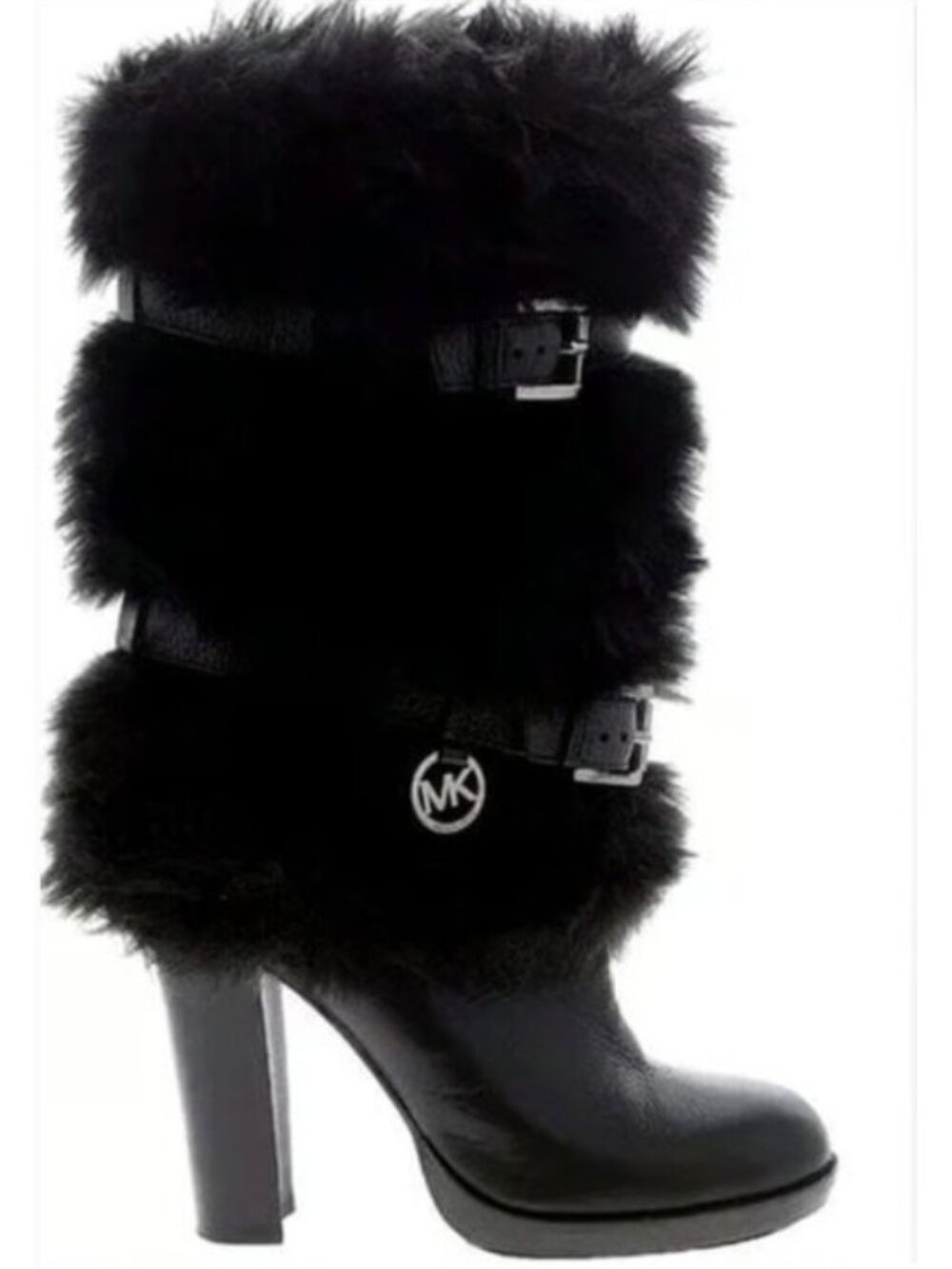 💥SHOWSTOPPER!💥MICHAEL KORS Genuine Leather Fur Trim Buckle Boots in Black